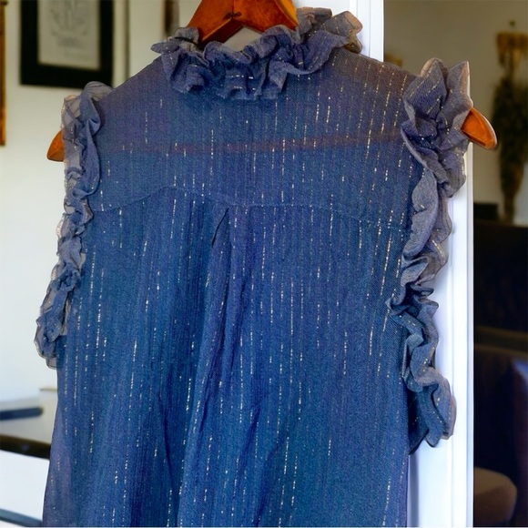 7 for All Mankind Sleeveless Ruffle Trim Shirt Denim and Gold Extra Small NWT - Picture 8 of 16